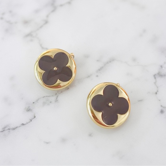 Upcycled Jewelry - Luxury Gold/Brown Signature Logo Repurposed Button Earrings 18mm